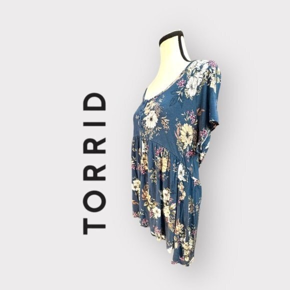 Women’s Torrid 0 Deep Teal Floral Babydoll Super Soft Button-Front Top L XL 12 - Picture 1 of 9